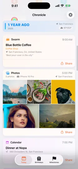 Chronicle’s feed showing a Swarm check-in at Blue Bottle Coffee and a grid of five photos taken on an iPhone 16 Pro in San Francisco.