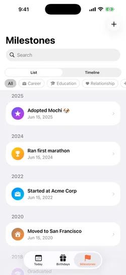 Chronicle’s Milestones tab showing life events like “Ran first marathon” and “Moved to San Francisco” grouped by year.